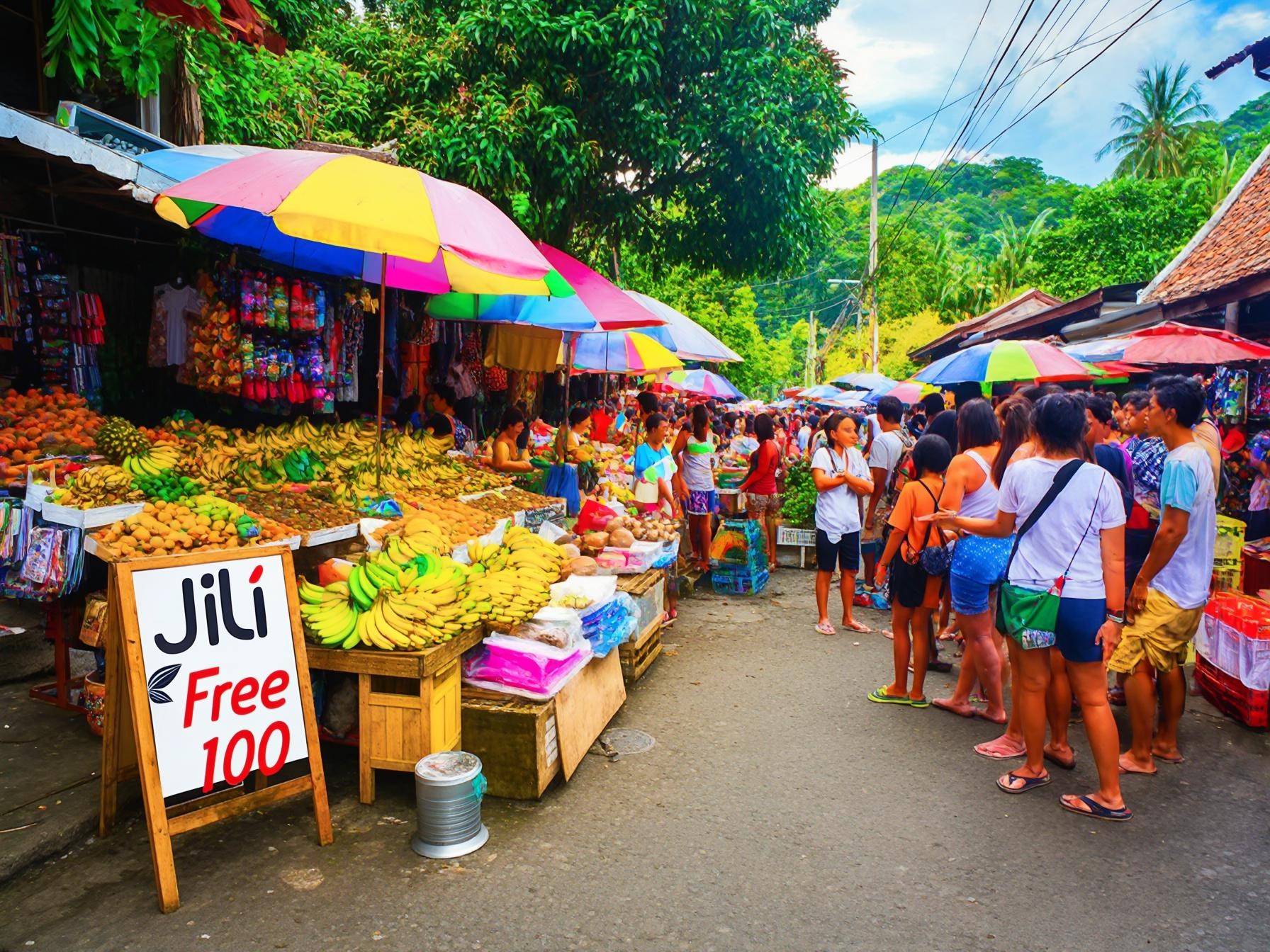Crowded tropical market with colorful umbrellas, fresh fruits, and shoppers browsing various stalls.