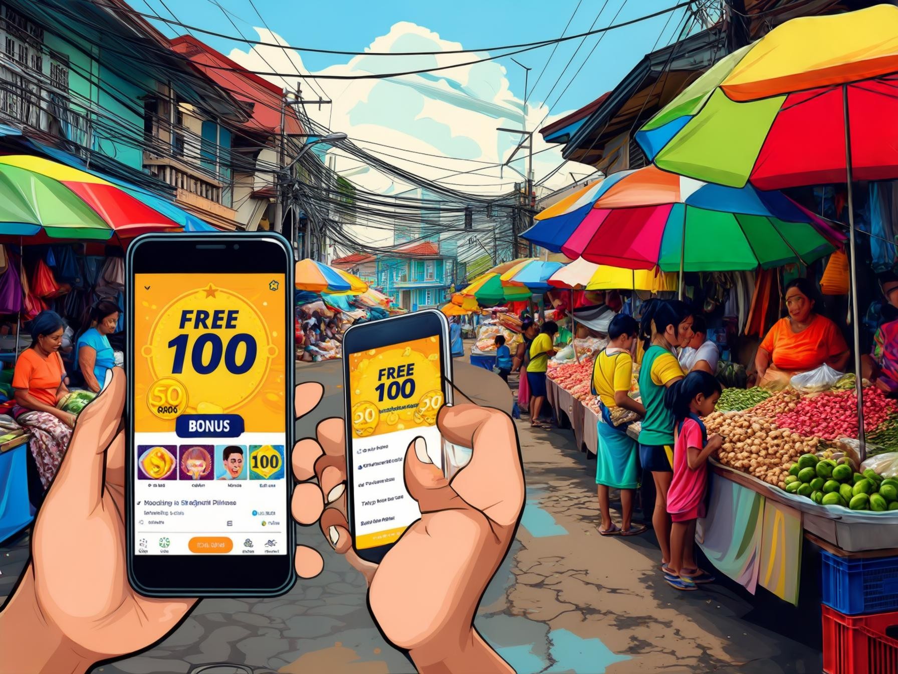 People using smartphones displaying a bonus offer while shopping at a vibrant outdoor market with colorful umbrellas and various goods.