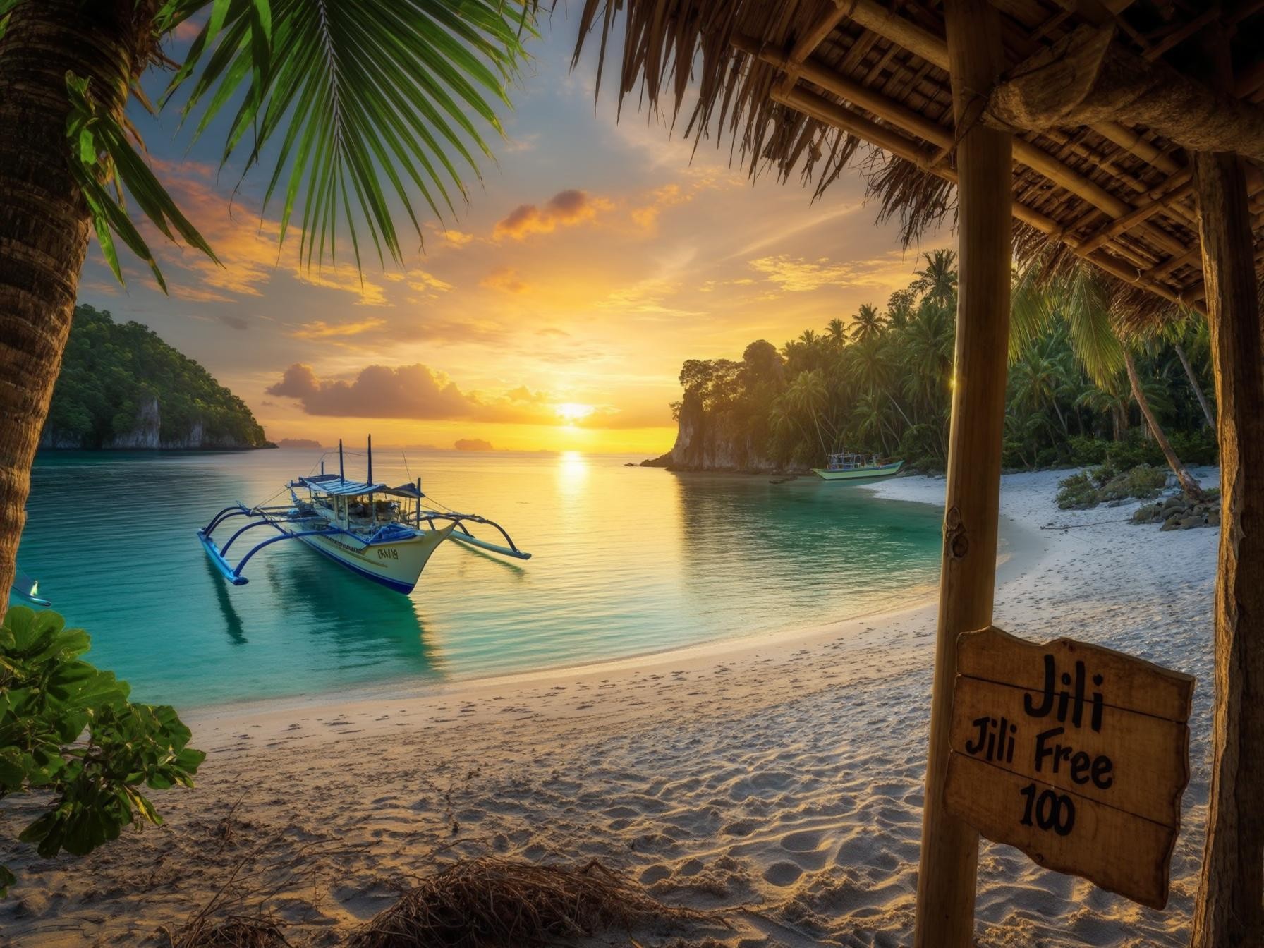 Tropical beach sunset with a palm-fringed shore, traditional boat, calm sea, and wooden hut, creating a serene getaway ambiance.