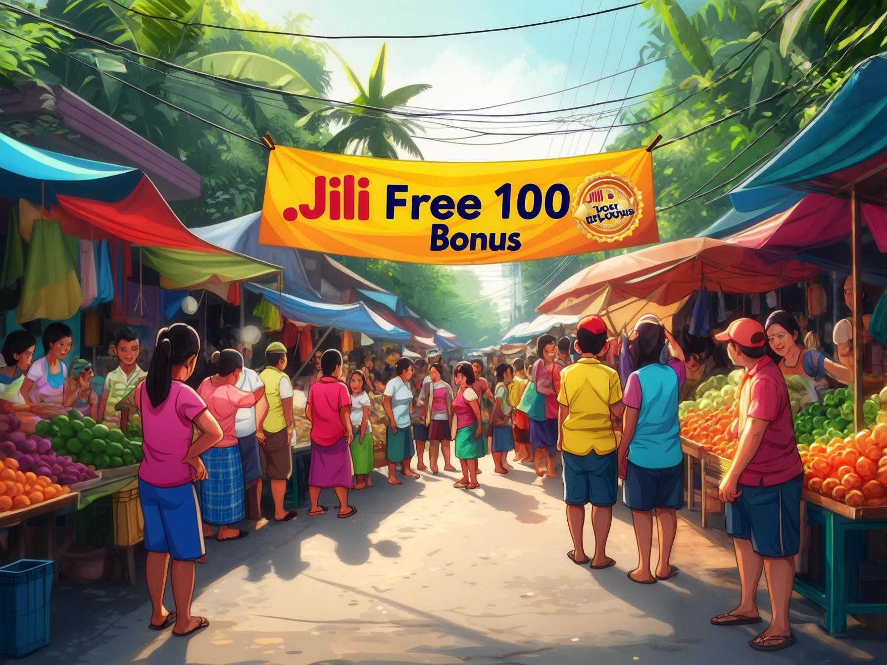 A bustling market scene with colorful stalls and a banner promoting Jili Free 100 Bonus amidst a crowd of people.