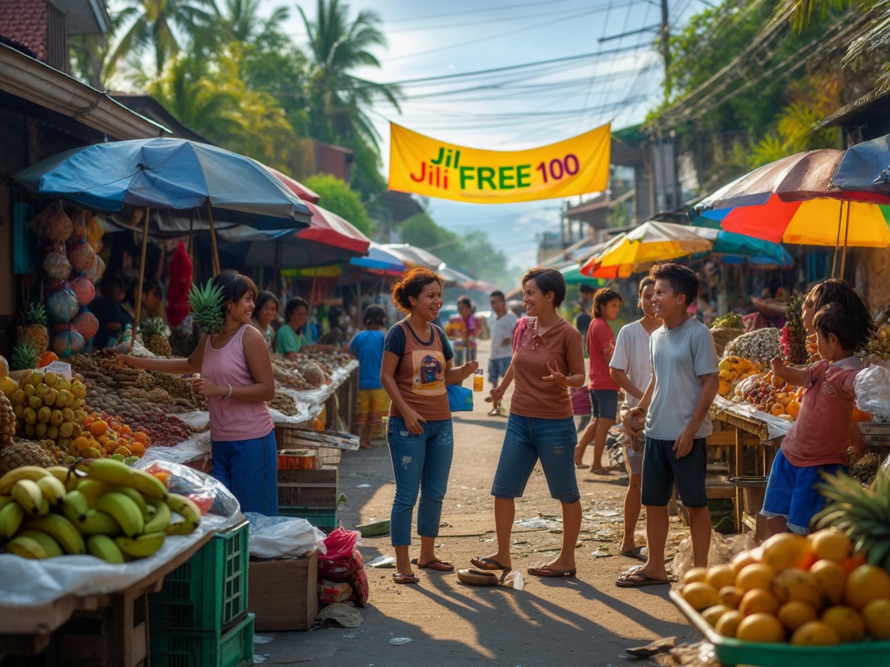People shopping and socializing at a vibrant outdoor market with colorful umbrellas and fresh fruits on display.